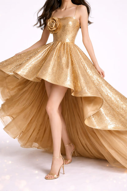 Women’s Golden Shimmer High-Low Party Gown with Floral Detail