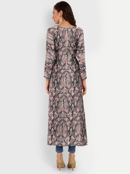 Elegant Women Abstract Printed Silk High Slit Kurta Dress – Round Neck Fusion Ethnic Wear