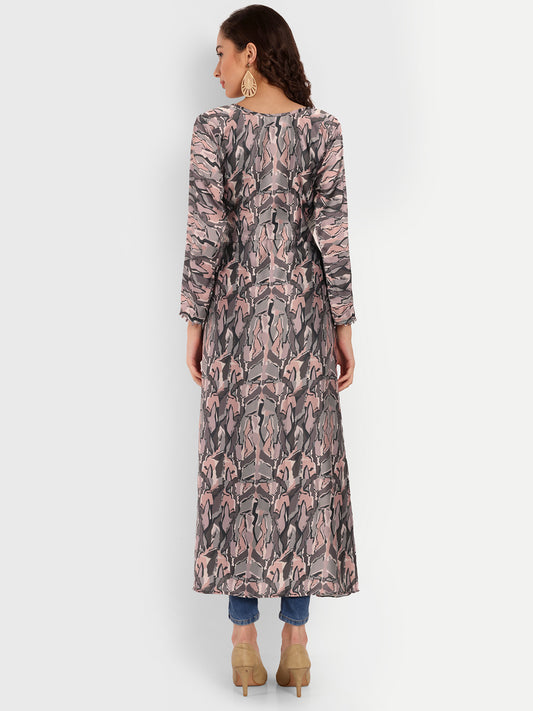 Elegant Women Abstract Printed Silk High Slit Kurta Dress – Round Neck Fusion Ethnic Wear