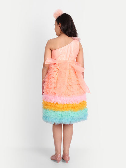 Peach Rainbow Layered Ruffle One-Shoulder Party Dress for Girls
