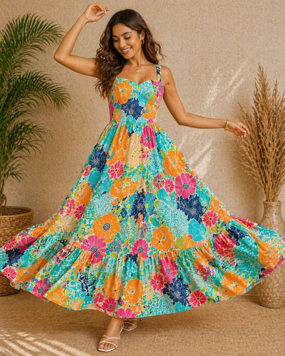 Multicolor Floral Printed Tiered Maxi Dress for Women – Sleeveless Summer Vacation Dress