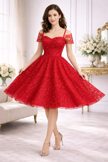 Elegant Ruby Red Lace Party Dress for Women