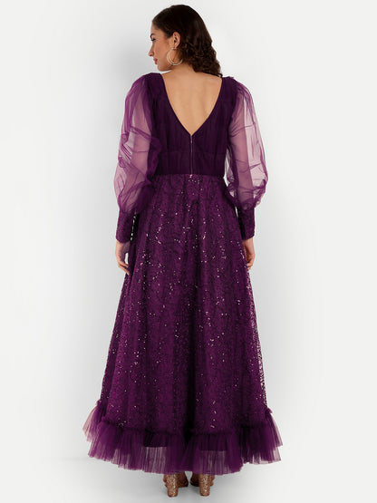 Royal Purple Sequin Net Anarkali Gown for Women