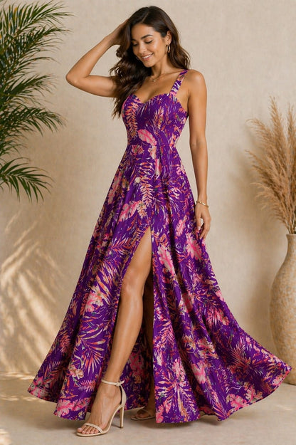 Women’s Purple Tropical Print Maxi Dress with Front Slit