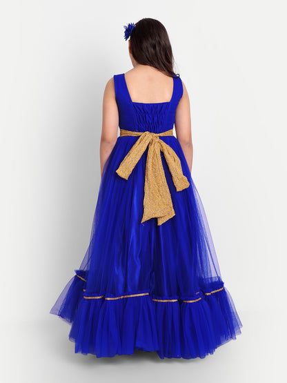 Royal Blue Net Party Gown for Girls with Golden Waist Embellishment