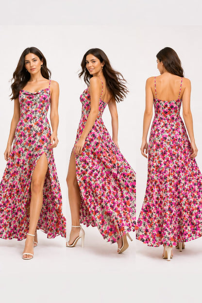 Pink Floral Print Side Slit Maxi Dress for Women – Elegant Sleeveless Summer Dress