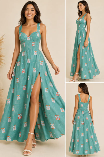 Women’s Teal Owl Print Maxi Dress with Side Slit
