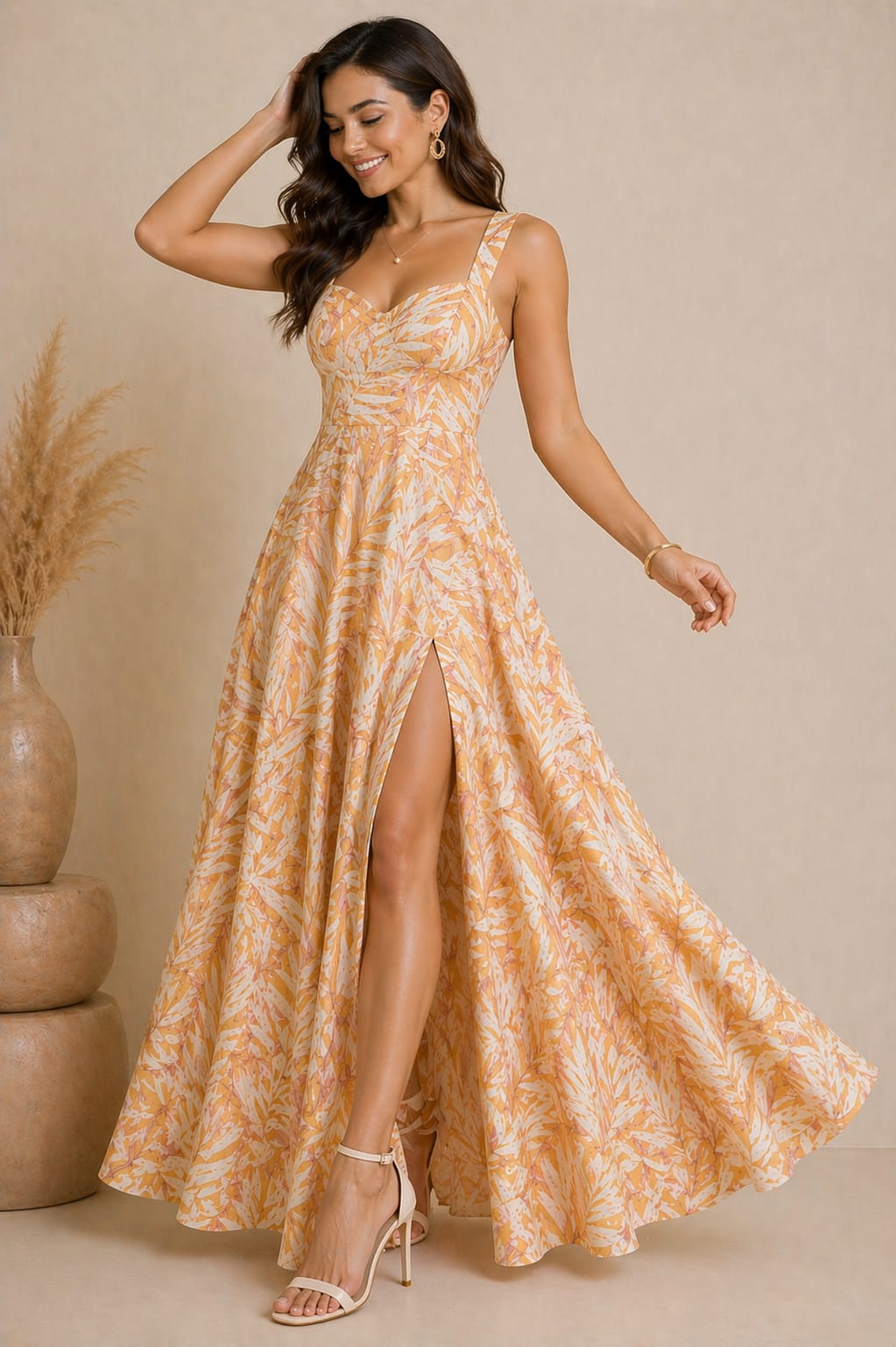 Elegant Peach Tropical Print Maxi Dress with High Slit