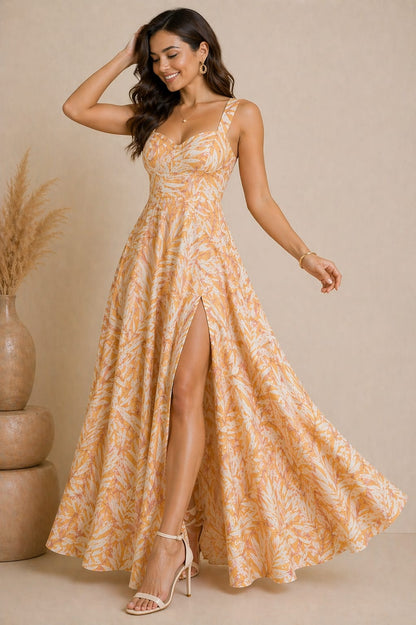 Elegant Peach Tropical Print Maxi Dress with High Slit