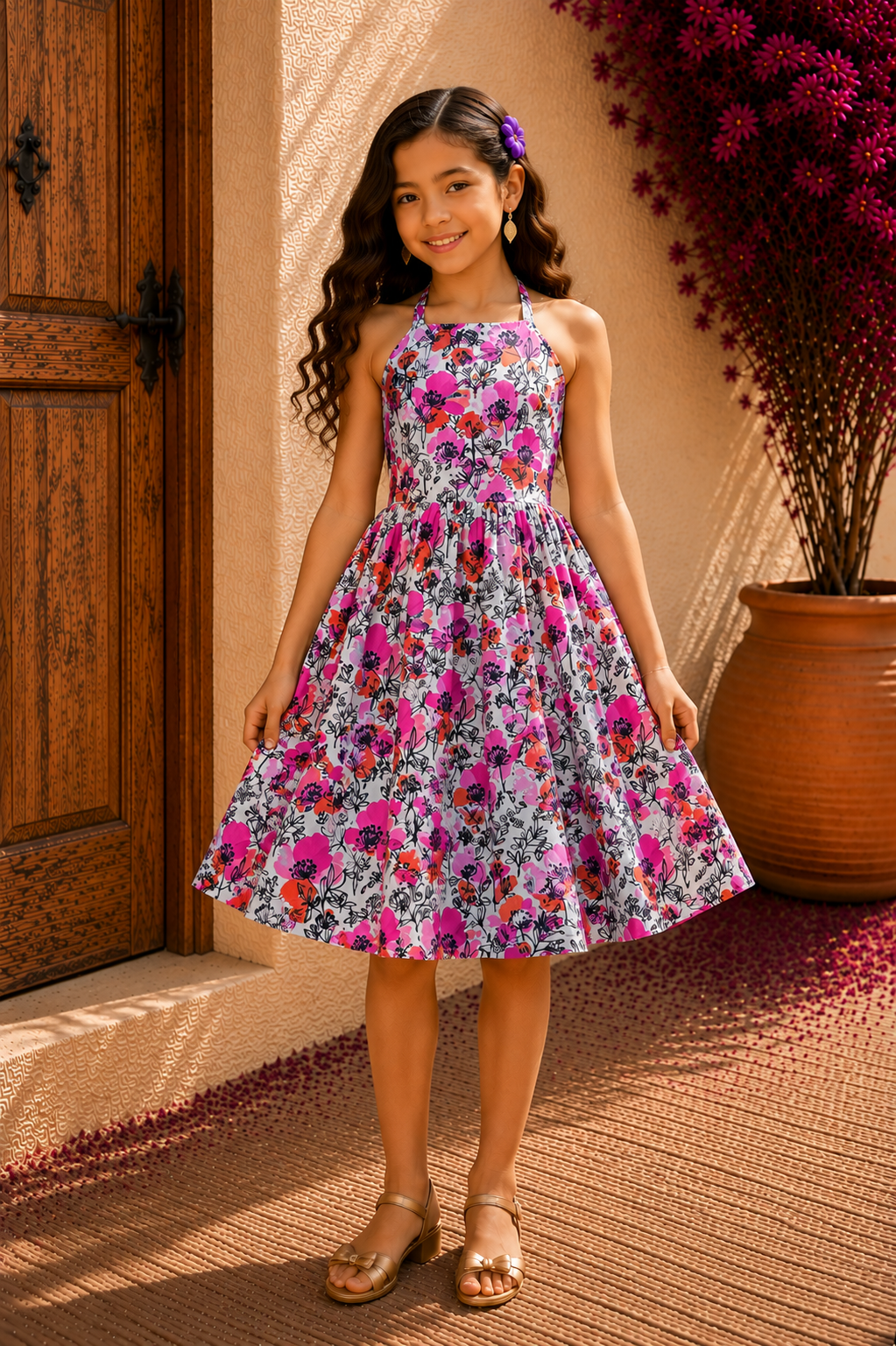 Girls White & Gray Cotton Frock | Multicolor Floral Print Dress