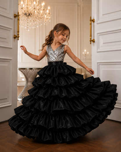 Starlight Noir Layered Ruffle Ball Gown