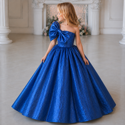 Sapphire Grace One-Shoulder Bow Twirl Party Dress
