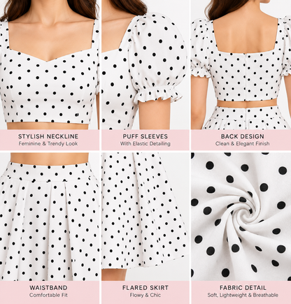 White Polka Dot Crop Top & Skirt Set for Women | Cotton Co-Ord