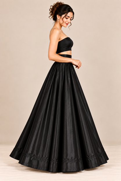 Women’s Black Glass Satin Flared Maxi Skirt | High-Waist Pleated Full-Length Party Wear Skirt