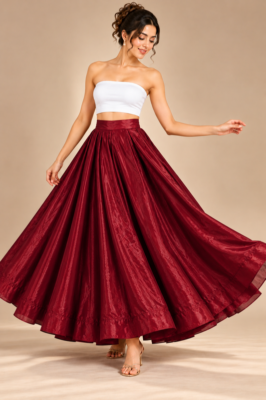 Women’s Maroon Glass Satin Flared Maxi Skirt | High-Waist Pleated Long Skirt for Party & Festive Wear