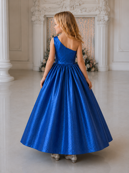 Sapphire Grace One-Shoulder Bow Twirl Party Dress