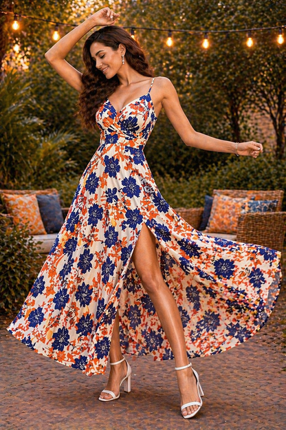 Ivory Blue & Orange Floral Slit Maxi Dress for Women