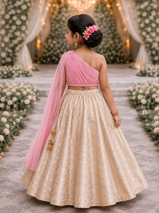 Girls' Pink One Shoulder Lehenga Choli Set