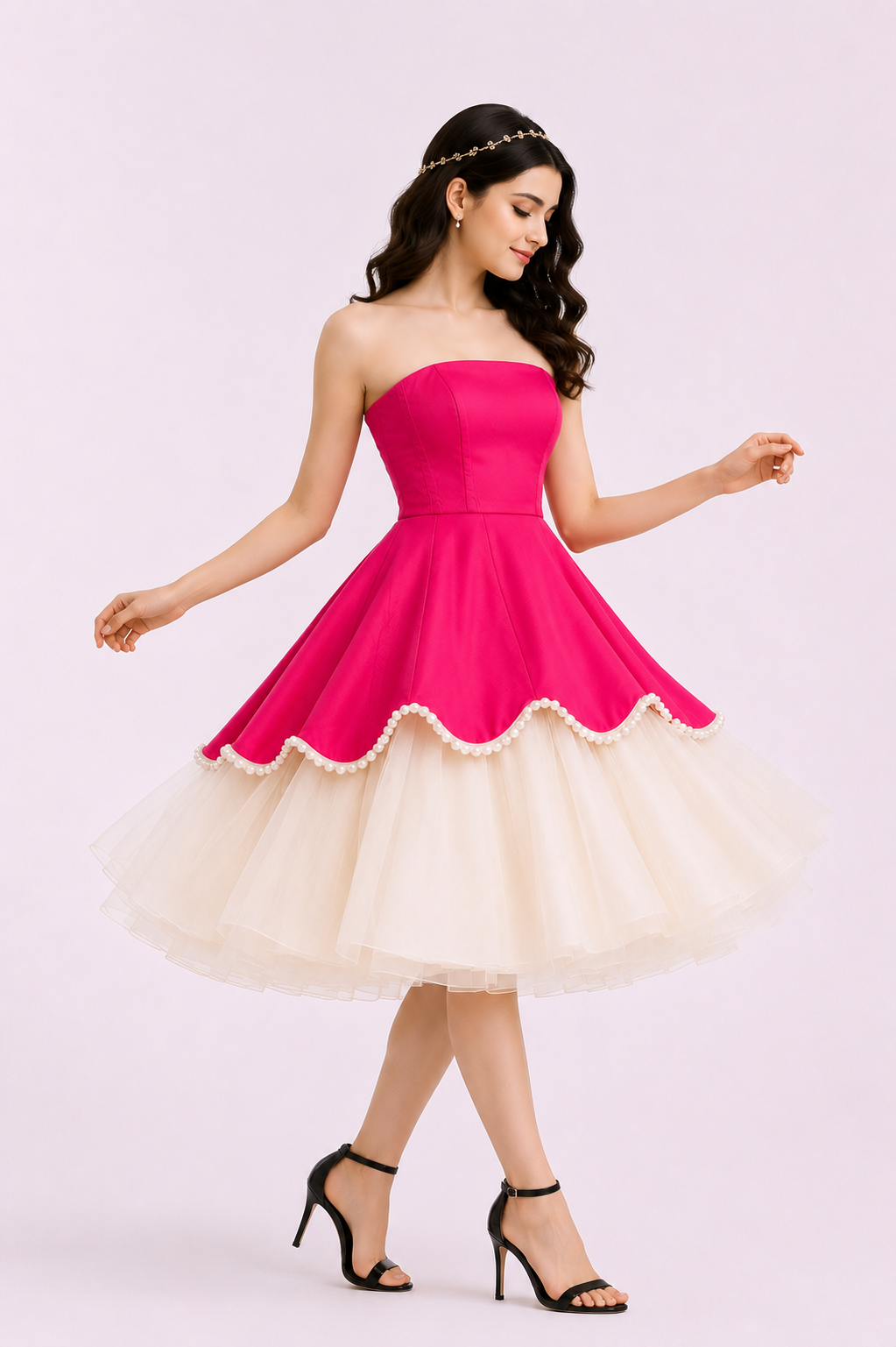 Women's Hot Pink Strapless Fit & Flare Midi Dress | Pearl Trim Layered Tulle Party Dress