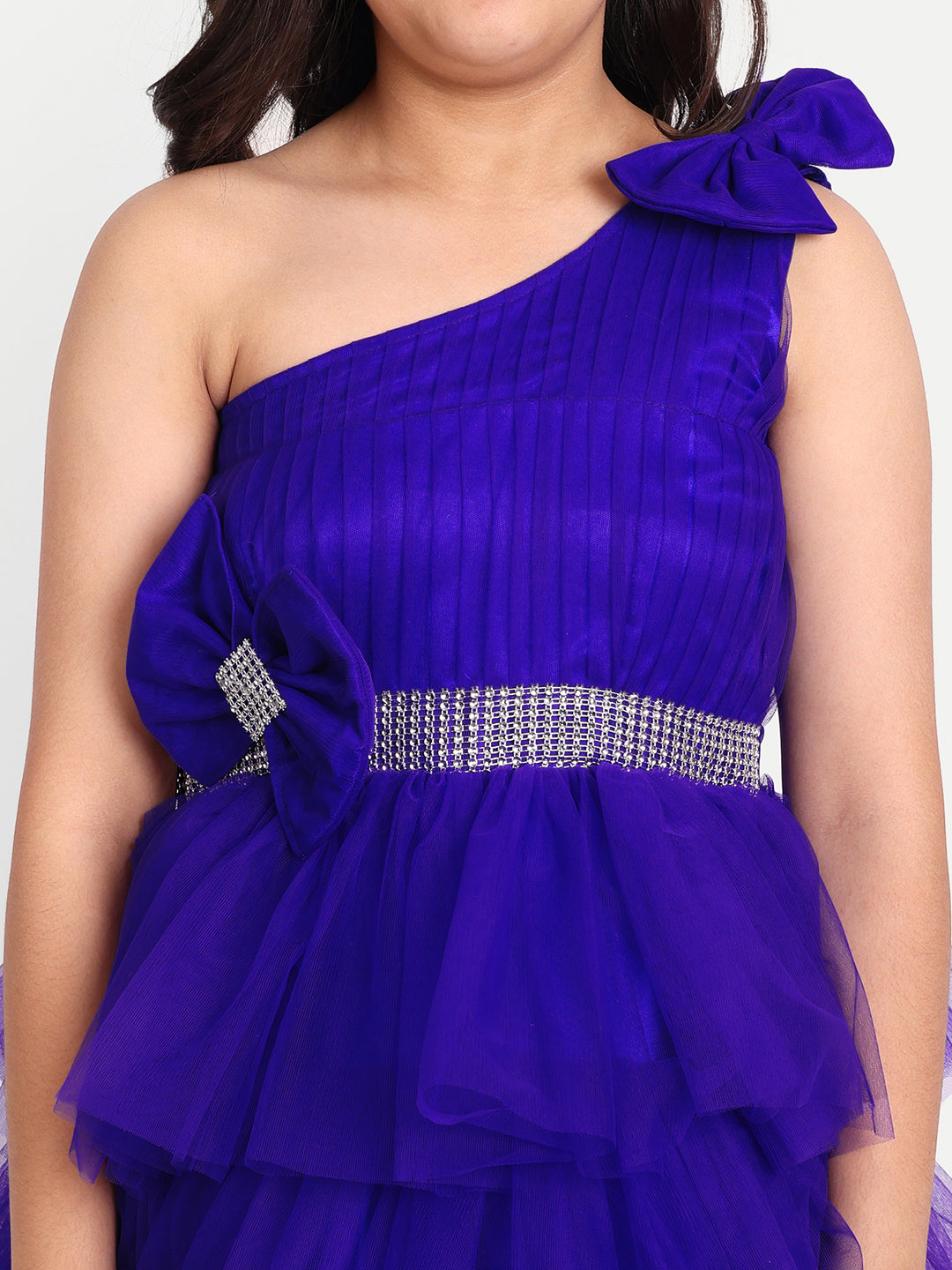 Royal Purple Layered Ruffle Gown for Girls with One-Shoulder Design