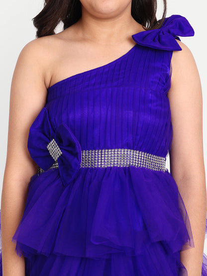 Royal Purple Layered Ruffle Gown for Girls with One-Shoulder Design