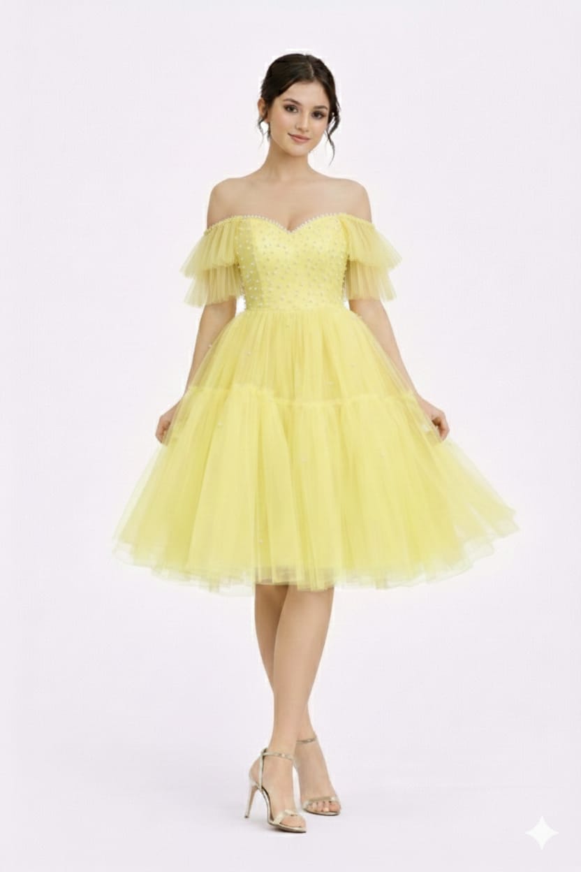 Elegant Women Off-Shoulder Flutter Sleeve Net Fit & Flare Dress – Party & Evening Wear yellow
