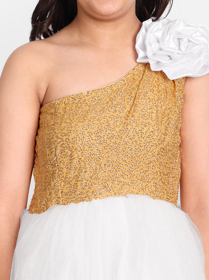 White & Gold One-Shoulder Princess Gown for Girls with Sequin Bodice