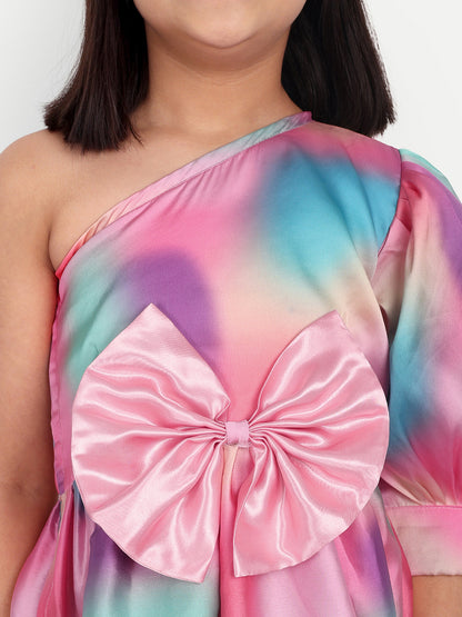 Girls Pink Tie-Dye One-Shoulder Party Dress