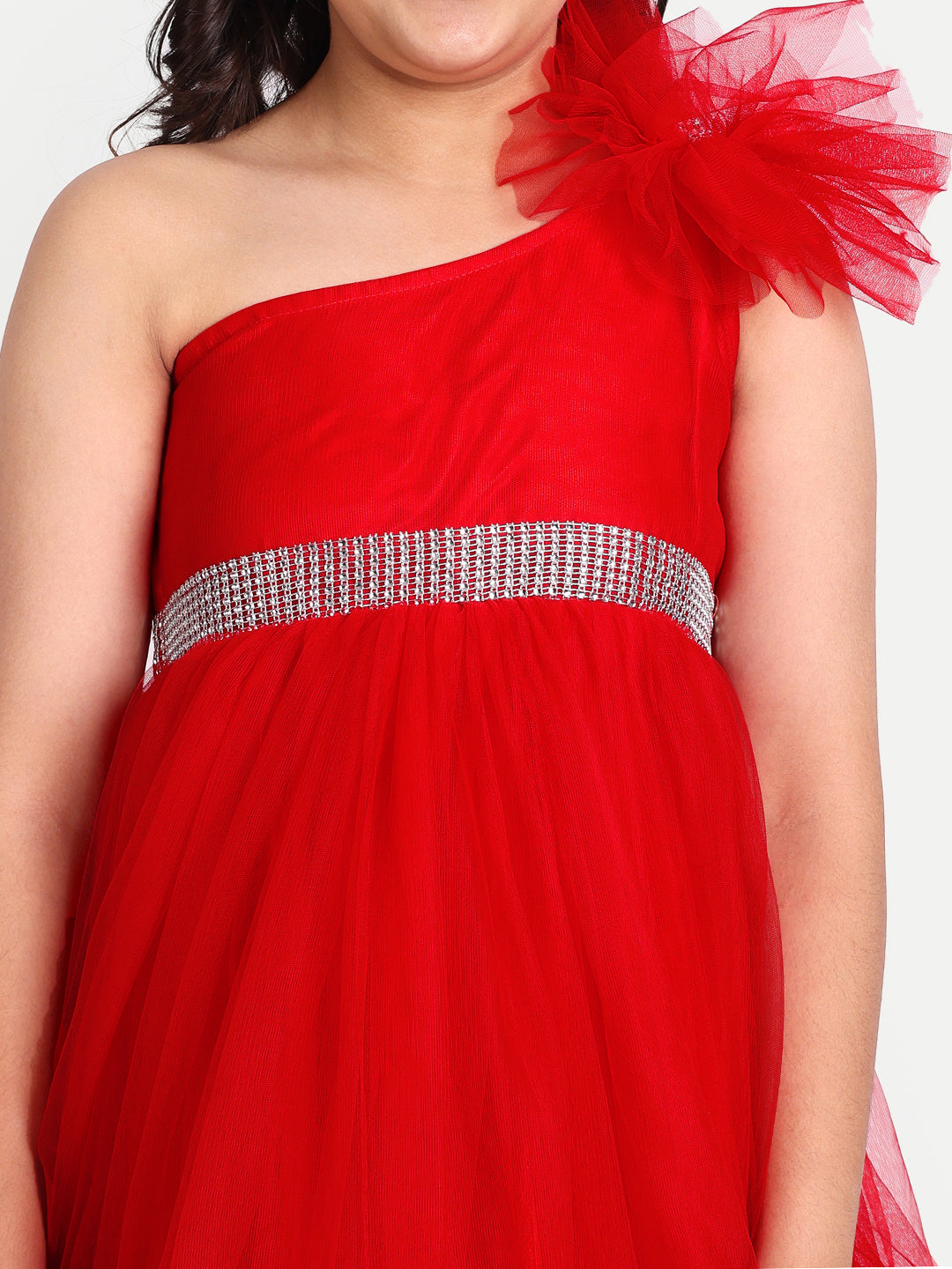 Girls Red One-Shoulder Frill Party Dress
