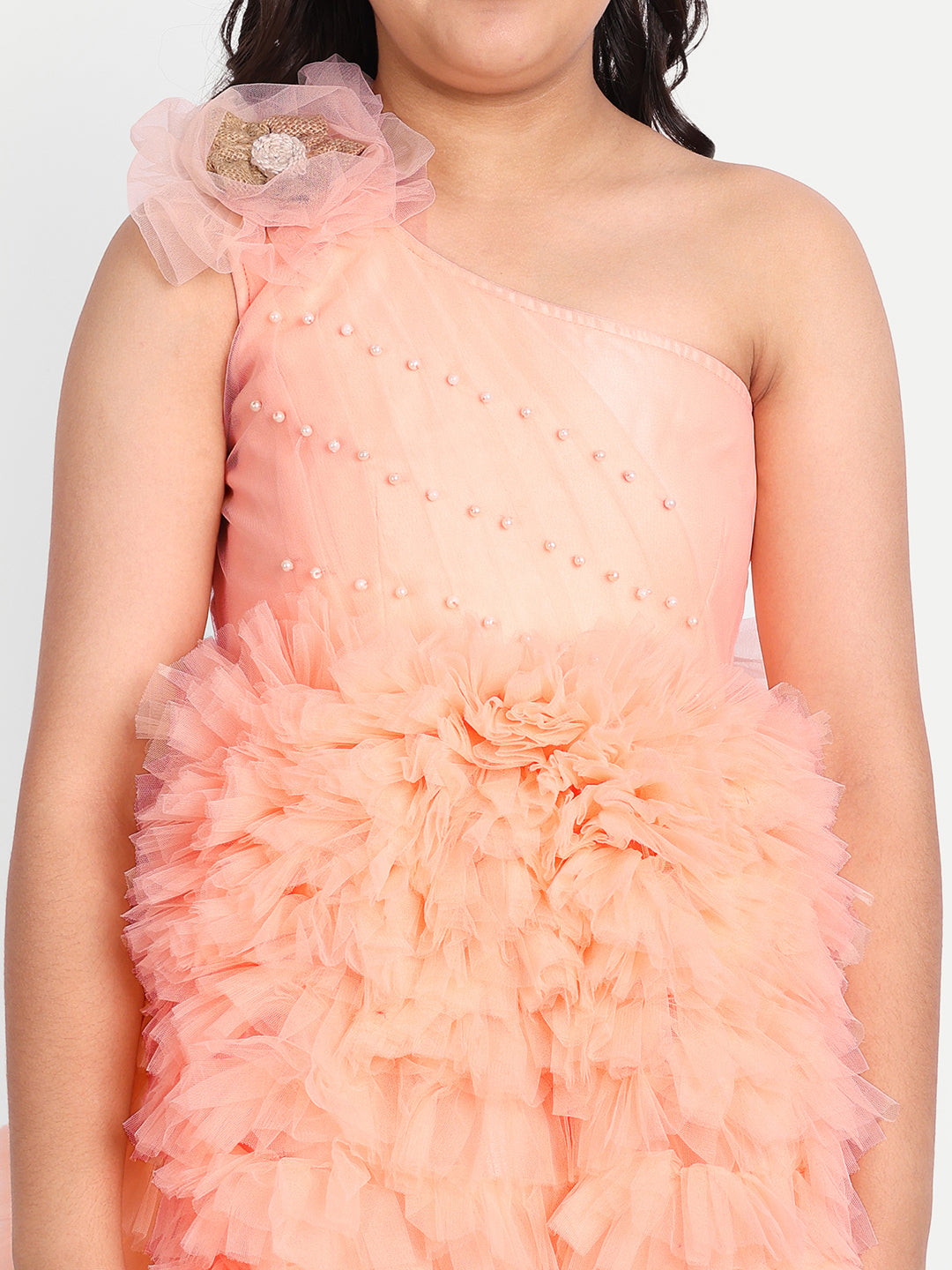 Girls Embellished One Shoulder Net A-Line Dress – Party Wear pink