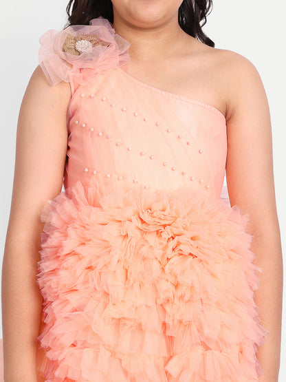 Girls Embellished One Shoulder Net A-Line Dress – Party Wear pink