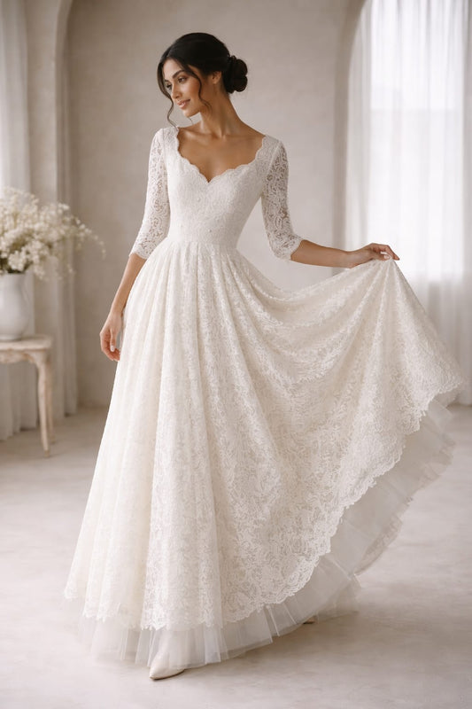 Elegant Women Ivory Lace A-Line Bridal Gown – Scalloped Neckline Flared Hem White Wedding Dress