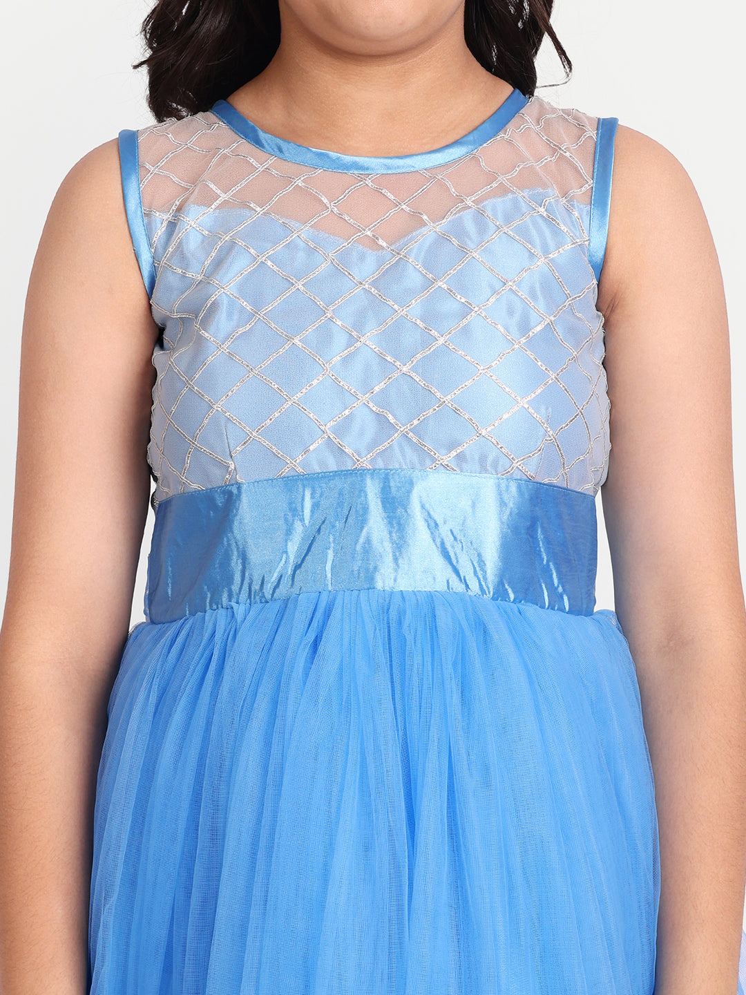 Sky Blue High-Low Tulle Party Gown for Girls with Embellished Bodice