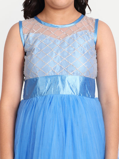 Sky Blue High-Low Tulle Party Gown for Girls with Embellished Bodice