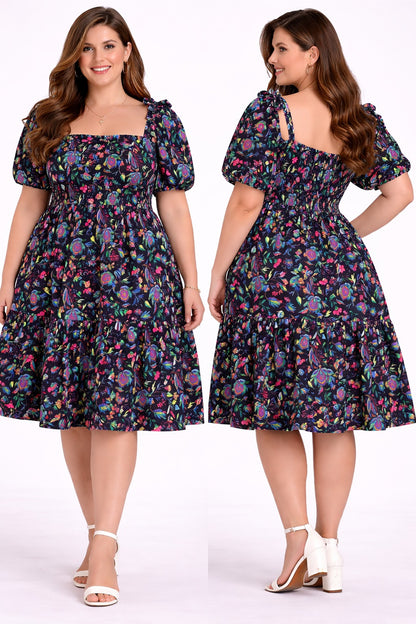 Black Floral Print Smocked Fit & Flare Dress for Women – Puff Sleeve Casual Party Dress