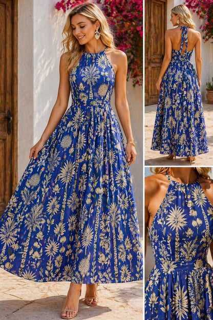 Royal Blue Botanical Halter Neck Maxi Dress for Women – Elegant Backless Summer Dress