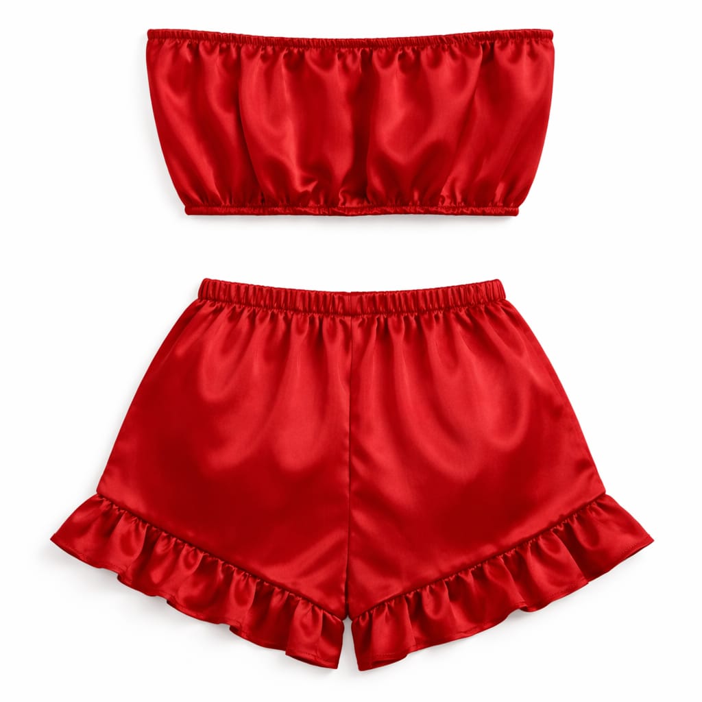 Luxury Women Satin Lounge Set – Strapless Tube Top & Ruffle Shorts Night Suit Red