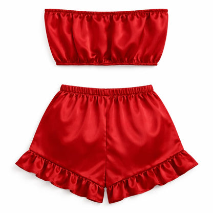 Luxury Women Satin Lounge Set – Strapless Tube Top & Ruffle Shorts Night Suit Red