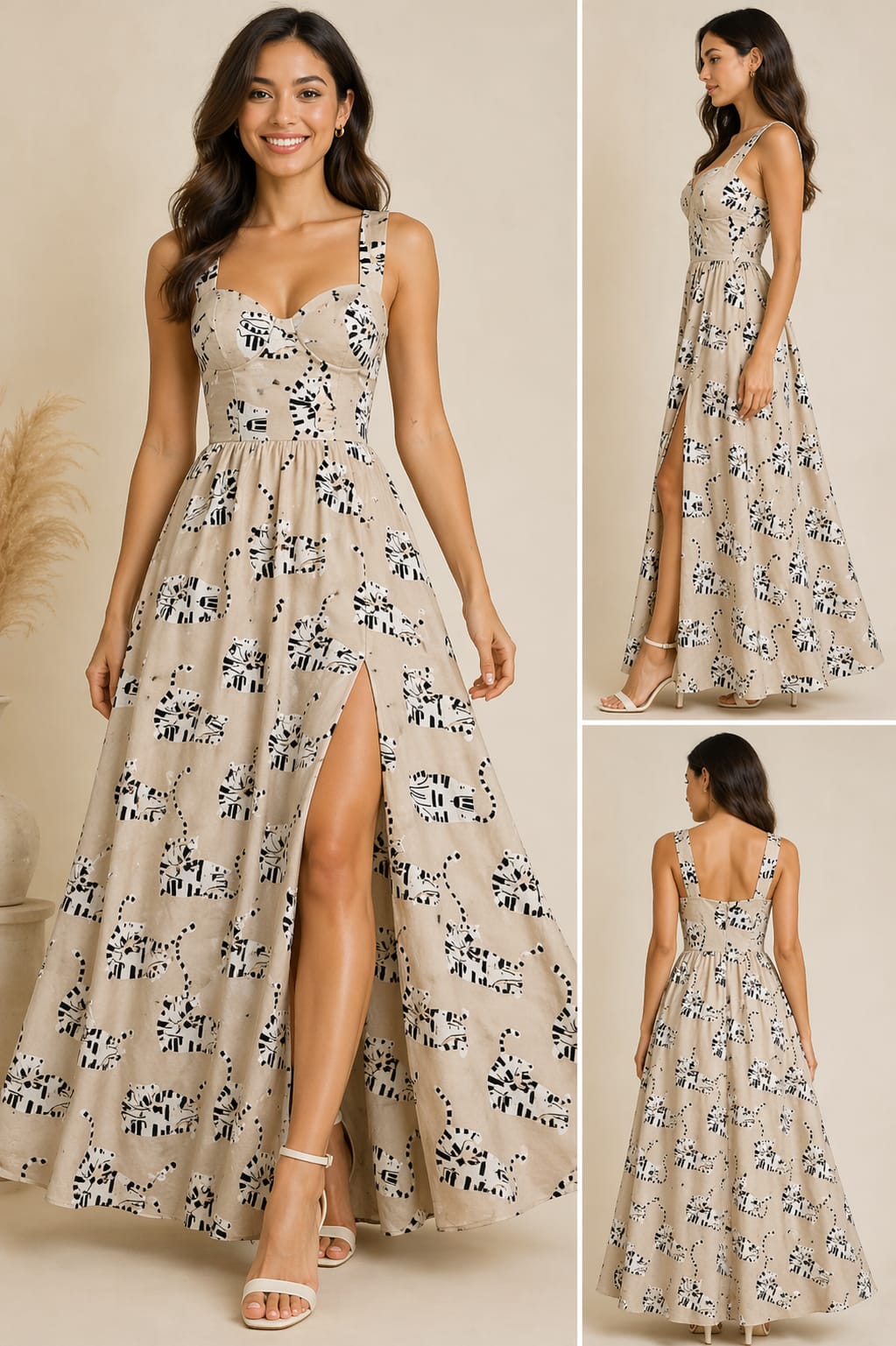 Women’s Beige Cat Print Maxi Dress with Side Slit