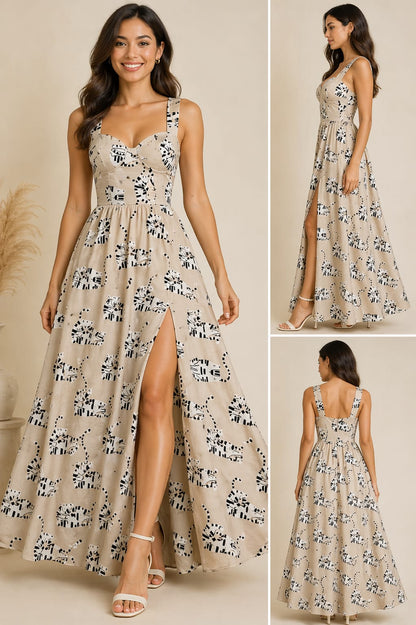Women’s Beige Cat Print Maxi Dress with Side Slit