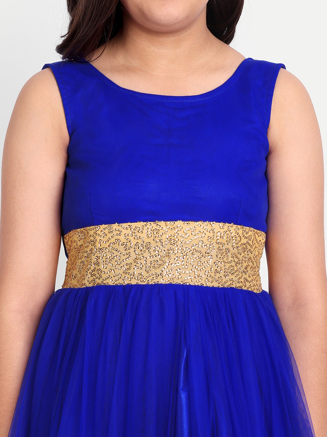 Royal Blue Net Party Gown for Girls with Golden Waist Embellishment