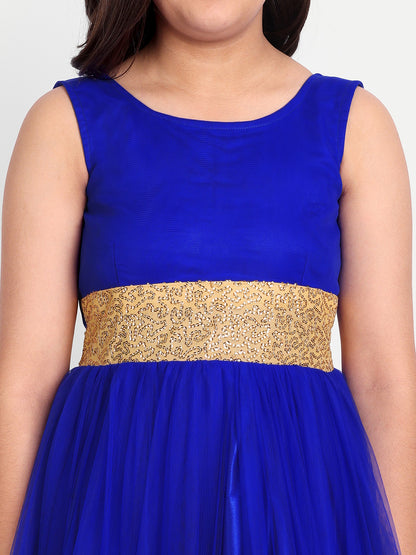 Royal Blue Net Party Gown for Girls with Golden Waist Embellishment