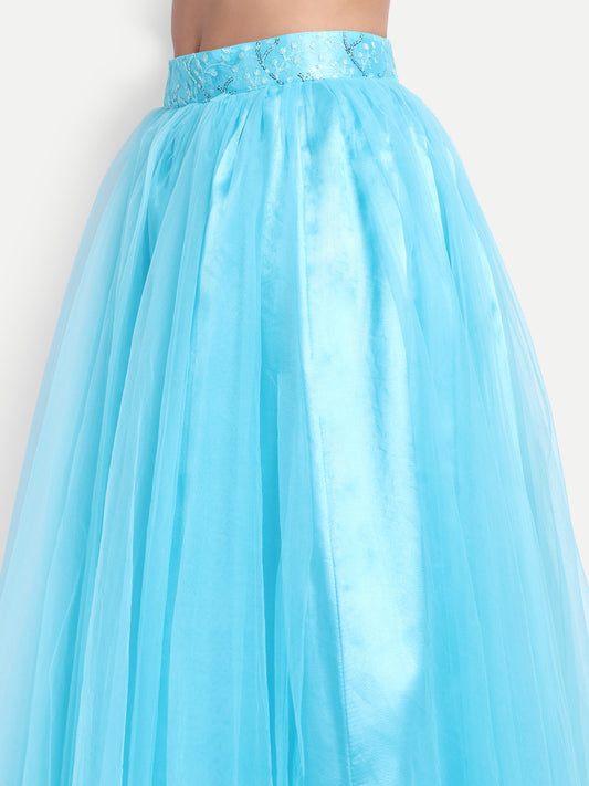 Elegant Women Flared Maxi Net Skirt blue