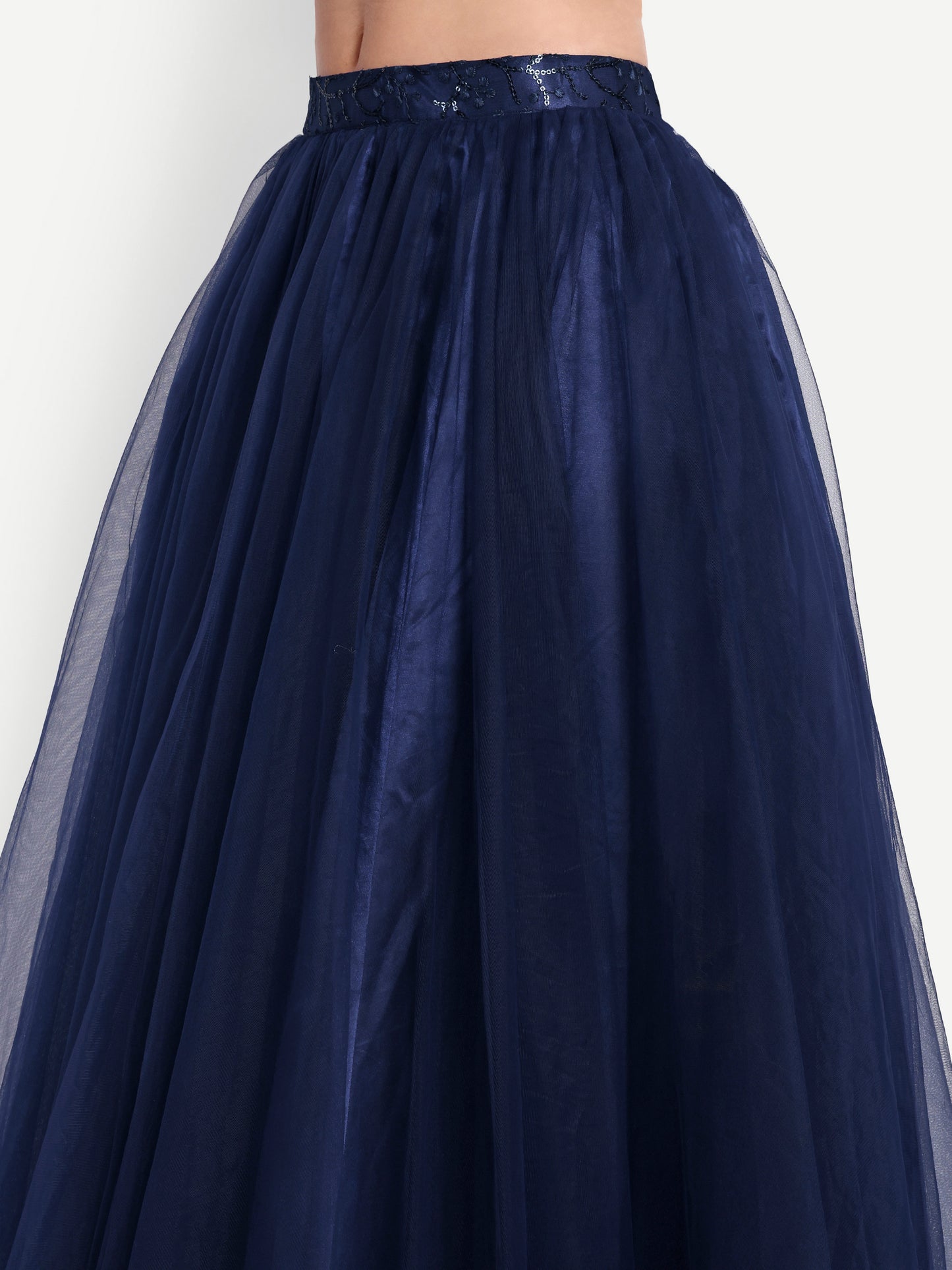 Elegant Women Flared Maxi Net Skirt navy blue