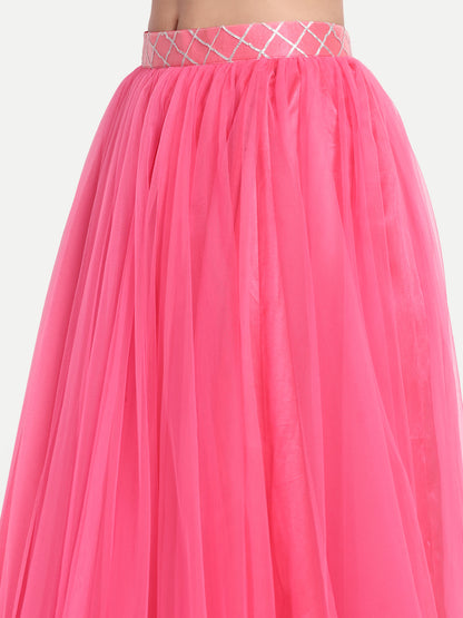 Elegant Women Flared Maxi Net Skirt pink