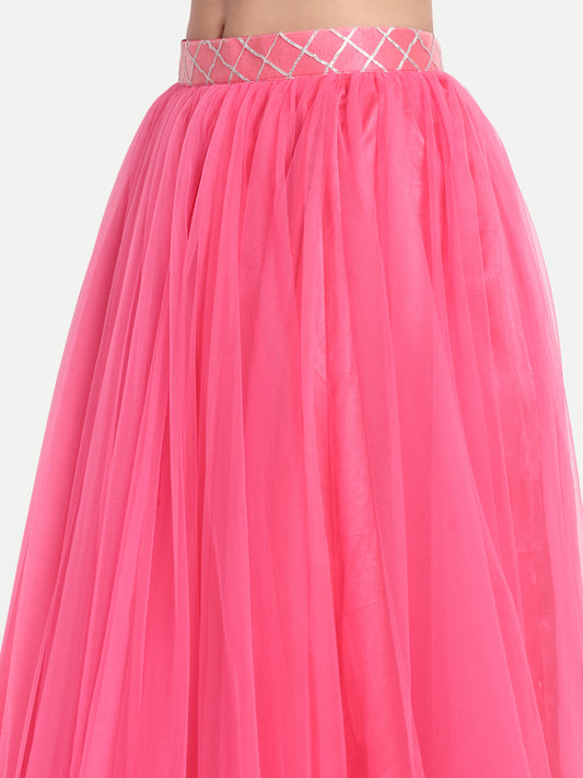 Elegant Women Flared Maxi Net Skirt pink