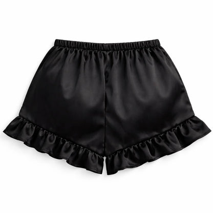 Luxury Women Satin Lounge Set – Strapless Tube Top & Ruffle Shorts Night Suit Black