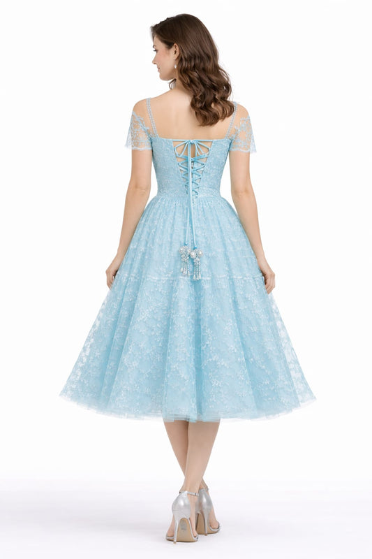 Elegant Women Floral Embroidered Net Fit & Flare Midi Dress – Party & Occasion Wear Sky Blue