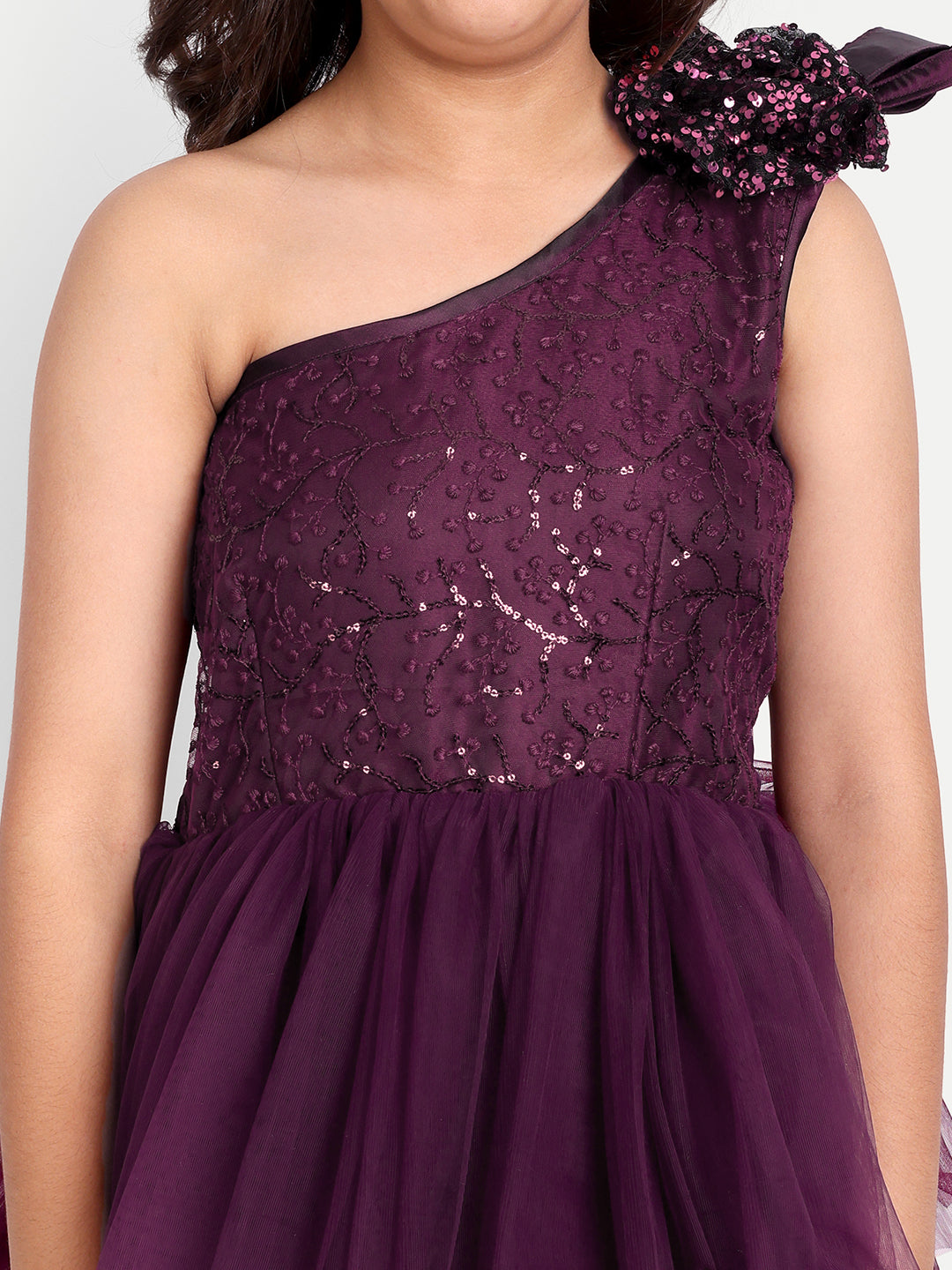 Wine Purple One-Shoulder Layered Tulle Party Gown for Girls
