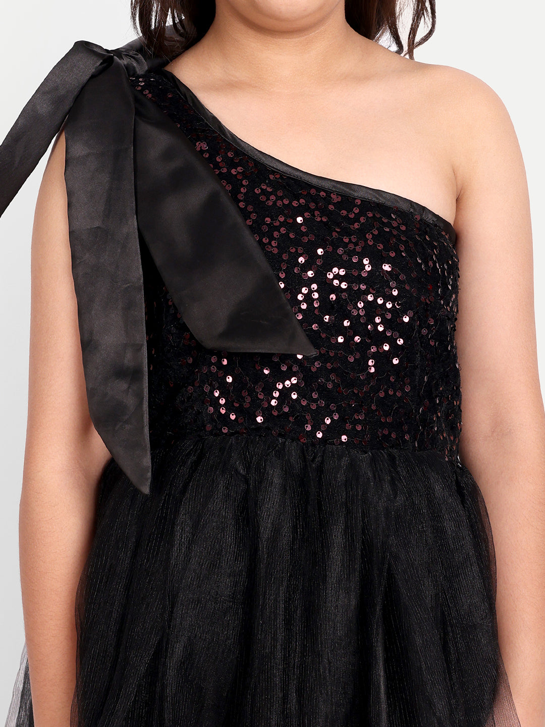 Elegant Black One-Shoulder Sequin Party Gown for Girls